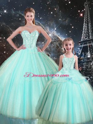 High Class Turquoise Ball Gowns Sweetheart Sleeveless Tulle Floor Length Lace Up Beading 15th Birthday Dress