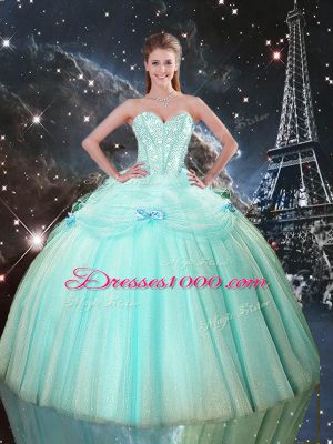 High Class Turquoise Ball Gowns Sweetheart Sleeveless Tulle Floor Length Lace Up Beading 15th Birthday Dress