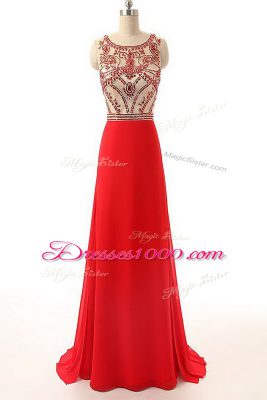 Sleeveless Chiffon Brush Train Side Zipper Prom Gown in Red with Beading