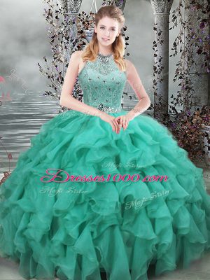 Scoop Sleeveless Quinceanera Gown Brush Train Beading and Ruffles Turquoise Organza