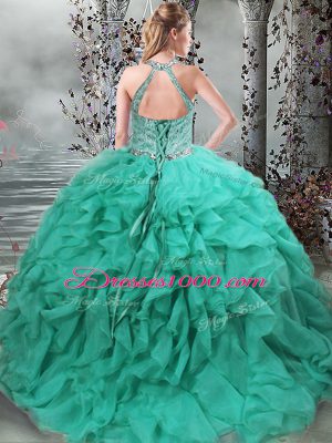 Scoop Sleeveless Quinceanera Gown Brush Train Beading and Ruffles Turquoise Organza