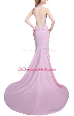 Customized Baby Pink Prom and Party with Beading Halter Top Sleeveless Brush Train Side Zipper