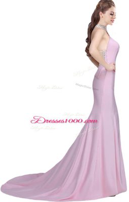 Customized Baby Pink Prom and Party with Beading Halter Top Sleeveless Brush Train Side Zipper