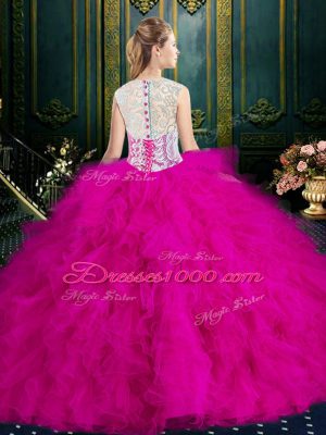 Latest Blue Scoop Neckline Lace and Ruffles Sweet 16 Quinceanera Dress Sleeveless Zipper