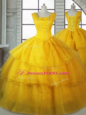 Great Gold Lace Up Quinceanera Dresses Ruffled Layers Sleeveless Floor Length
