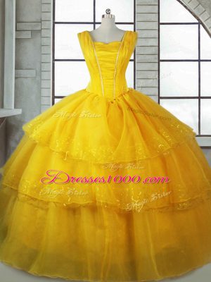 Great Gold Lace Up Quinceanera Dresses Ruffled Layers Sleeveless Floor Length