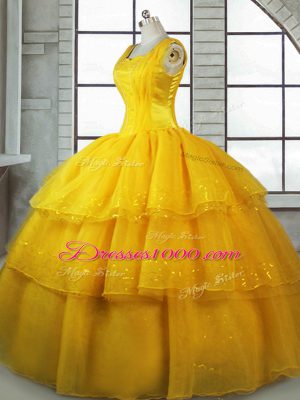Great Gold Lace Up Quinceanera Dresses Ruffled Layers Sleeveless Floor Length