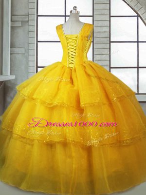 Great Gold Lace Up Quinceanera Dresses Ruffled Layers Sleeveless Floor Length