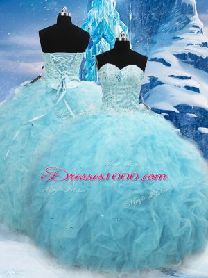 Ball Gowns Quinceanera Gown Aqua Blue Sweetheart Tulle Sleeveless Floor Length Lace Up