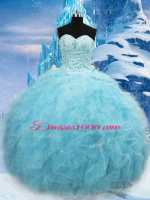 Ball Gowns Quinceanera Gown Aqua Blue Sweetheart Tulle Sleeveless Floor Length Lace Up