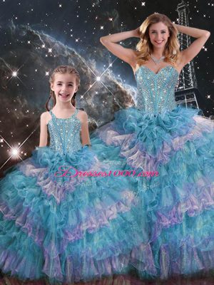 Floor Length Lace Up Quince Ball Gowns Multi-color for Military Ball and Sweet 16 and Quinceanera with Beading and Ruffled Layers