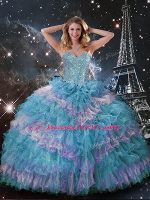 Floor Length Lace Up Quince Ball Gowns Multi-color for Military Ball and Sweet 16 and Quinceanera with Beading and Ruffled Layers