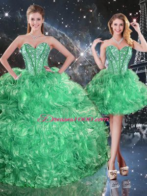 Luxury Organza Sweetheart Sleeveless Lace Up Beading and Ruffles Ball Gown Prom Dress in Green
