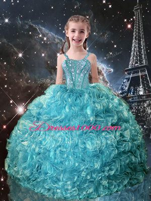 Modern Teal Straps Lace Up Beading and Ruffles Little Girls Pageant Dress Sleeveless