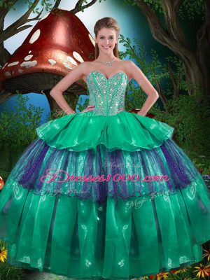 Flirting Green Sweetheart Neckline Beading and Ruffled Layers Sweet 16 Dresses Sleeveless Lace Up