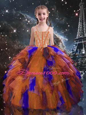 Floor Length Lace Up Child Pageant Dress Orange Red for Quinceanera and Wedding Party with Beading and Ruffles