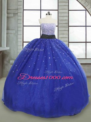 Hot Sale Royal Blue Tulle Lace Up Strapless Sleeveless Floor Length Quinceanera Dresses Beading and Sequins