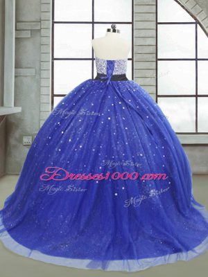 Hot Sale Royal Blue Tulle Lace Up Strapless Sleeveless Floor Length Quinceanera Dresses Beading and Sequins