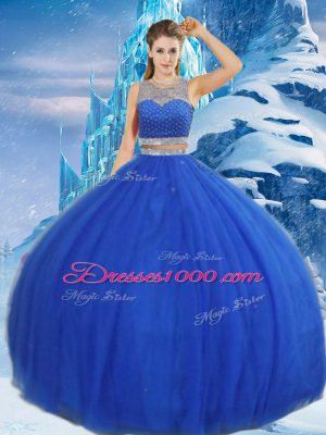 Admirable Royal Blue Ball Gowns Tulle Scoop Sleeveless Beading and Sequins Asymmetrical Clasp Handle 15th Birthday Dress