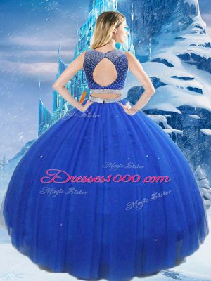 Admirable Royal Blue Ball Gowns Tulle Scoop Sleeveless Beading and Sequins Asymmetrical Clasp Handle 15th Birthday Dress