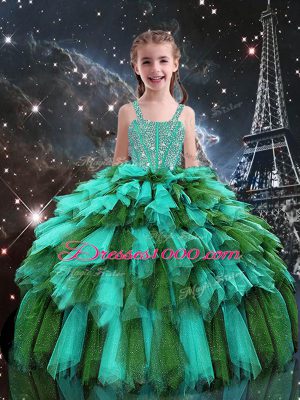 Turquoise Tulle Lace Up Straps Sleeveless Floor Length Girls Pageant Dresses Beading and Ruffles