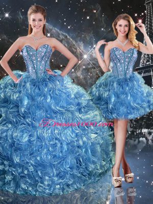 On Sale Organza Sweetheart Sleeveless Lace Up Beading and Ruffles Quinceanera Gown in Baby Blue