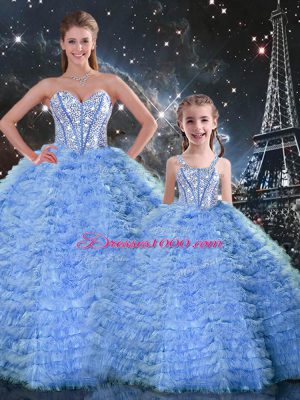 Sweetheart Sleeveless Quinceanera Gowns Floor Length Beading and Ruffles Blue Tulle