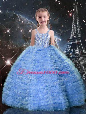 Sweetheart Sleeveless Quinceanera Gowns Floor Length Beading and Ruffles Blue Tulle