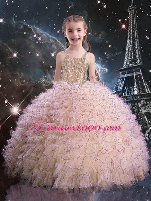 Floor Length Pink Little Girl Pageant Gowns Organza Sleeveless Beading and Ruffles