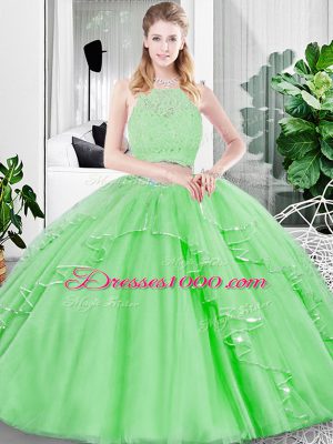 Tulle Zipper Scoop Sleeveless Floor Length Quinceanera Gown Lace and Ruffled Layers