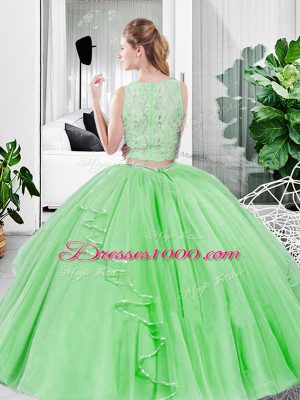 Tulle Zipper Scoop Sleeveless Floor Length Quinceanera Gown Lace and Ruffled Layers