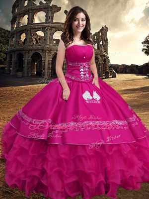 Strapless Sleeveless Zipper Quince Ball Gowns Hot Pink Taffeta