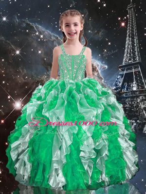 Green Sleeveless Floor Length Beading and Ruffles Lace Up Girls Pageant Dresses
