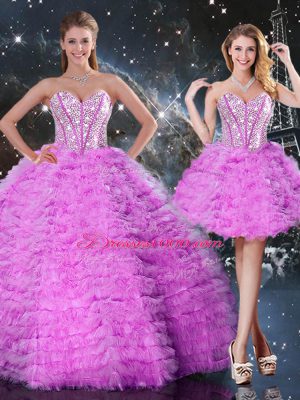 Exquisite Fuchsia Ball Gowns Sweetheart Sleeveless Organza Floor Length Lace Up Beading and Ruffled Layers Quinceanera Dresses
