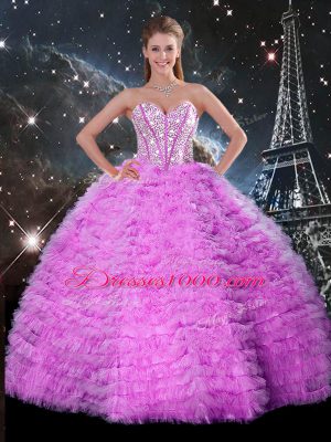 Exquisite Fuchsia Ball Gowns Sweetheart Sleeveless Organza Floor Length Lace Up Beading and Ruffled Layers Quinceanera Dresses