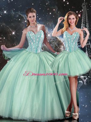 Luxury Turquoise Ball Gowns Beading Quinceanera Dresses Lace Up Tulle Sleeveless Floor Length