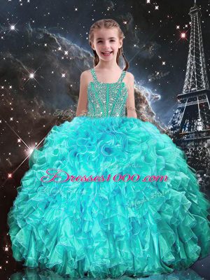 Aqua Blue Sleeveless Beading and Ruffles Floor Length 15 Quinceanera Dress