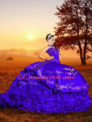 Delicate Purple Sleeveless Embroidery and Ruffles Lace Up Quinceanera Gown