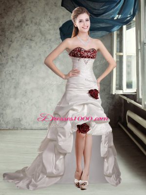 Appliques and Pick Ups and Hand Made Flower Wedding Dress White And Red Lace Up Sleeveless High Low Brush Train