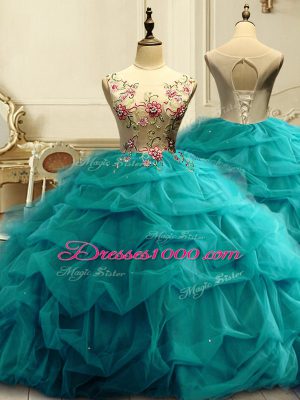 Scoop Sleeveless Organza 15th Birthday Dress Appliques and Ruffles and Sequins Lace Up
