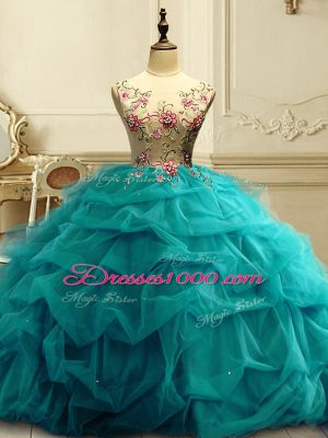 Scoop Sleeveless Organza 15th Birthday Dress Appliques and Ruffles and Sequins Lace Up