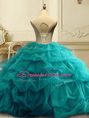 Scoop Sleeveless Organza 15th Birthday Dress Appliques and Ruffles and Sequins Lace Up