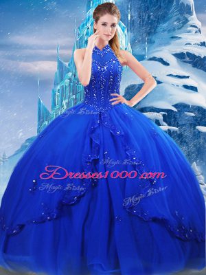 Lovely Royal Blue High-neck Neckline Beading and Ruffles Quinceanera Dresses Sleeveless Lace Up