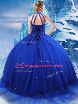 Lovely Royal Blue High-neck Neckline Beading and Ruffles Quinceanera Dresses Sleeveless Lace Up