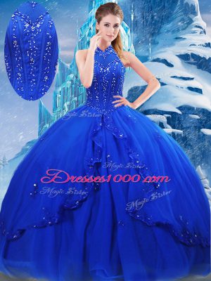 Lovely Royal Blue High-neck Neckline Beading and Ruffles Quinceanera Dresses Sleeveless Lace Up