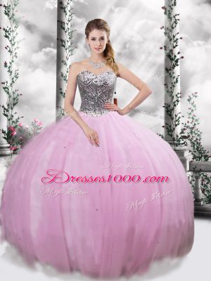 Beading Quinceanera Dress Lilac Lace Up Sleeveless Brush Train