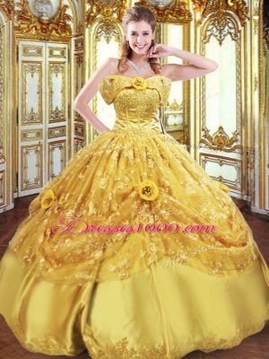 Perfect Gold Lace Up Quinceanera Gowns Beading and Appliques and Hand Made Flower Sleeveless Floor Length