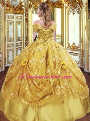 Perfect Gold Lace Up Quinceanera Gowns Beading and Appliques and Hand Made Flower Sleeveless Floor Length