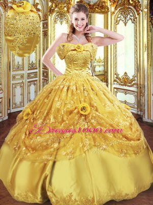Perfect Gold Lace Up Quinceanera Gowns Beading and Appliques and Hand Made Flower Sleeveless Floor Length