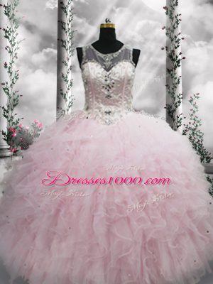 Baby Pink Sleeveless Beading and Ruffles Floor Length Ball Gown Prom Dress